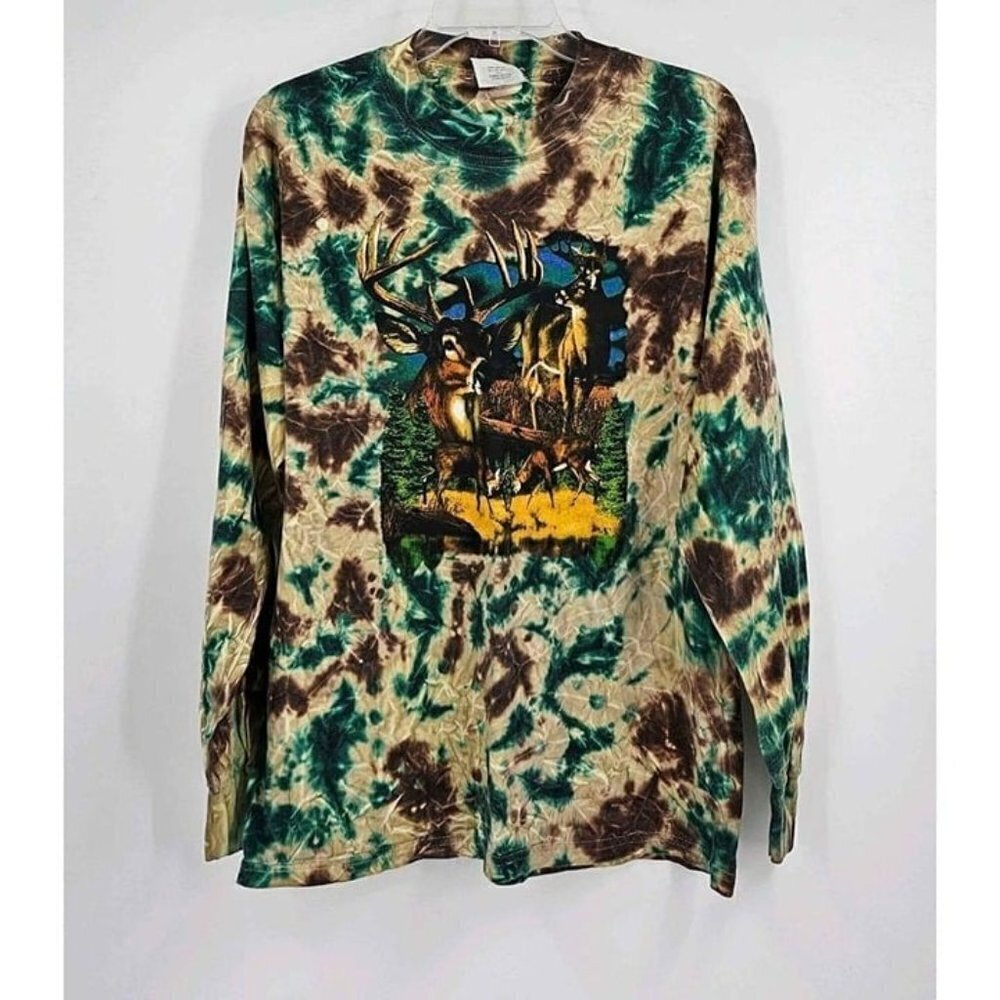 Color Touch Brown Green Tie Dye Camo Style Dear Hunters Long Sleeve Shirt Sz L